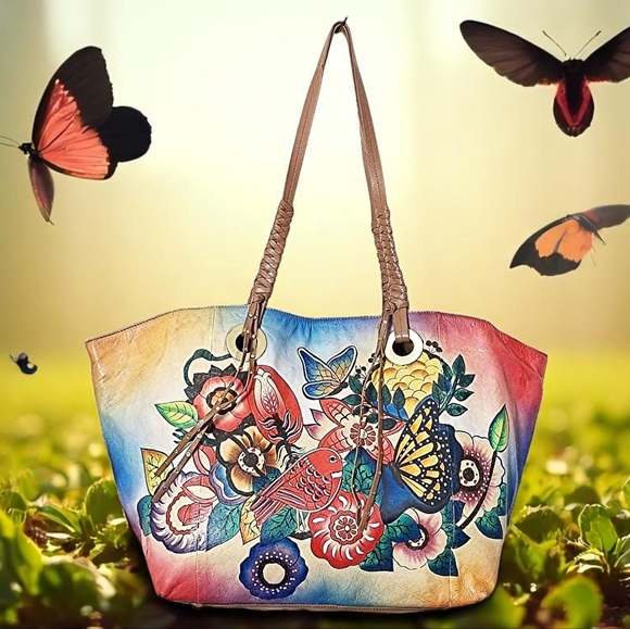 Sharif Handbags - Sharif Hand Painted 1827 Birds and Flowers and Butterflies Tote Bag